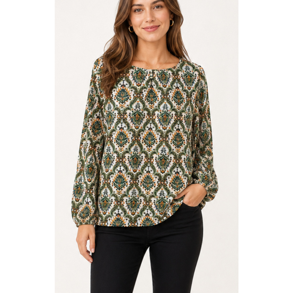 Talbots Womens Large Boho Floral Peasant Blouse Green Gold Metallic Keyhole Back